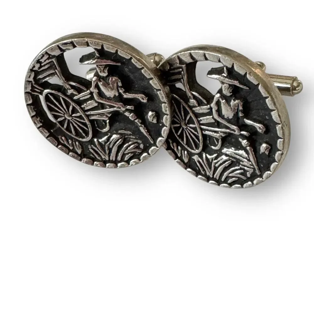 Vintage MCM 1” Large Metal Cuff Links of Man with Rickshaw, Silver Dapper Day